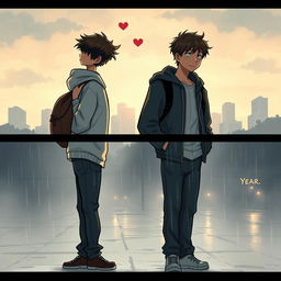 A poignant, emotional scene depicting two boys experiencing the highs of young love, sharing intimate moments like laughter, holding hands, and quiet conversations