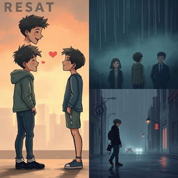 A poignant, emotional scene depicting two boys experiencing the highs of young love, sharing intimate moments like laughter, holding hands, and quiet conversations