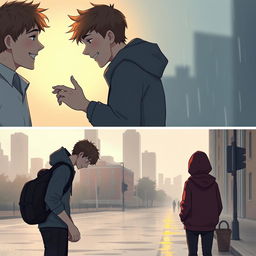 A poignant, emotional scene depicting two boys experiencing the highs of young love, sharing intimate moments like laughter, holding hands, and quiet conversations