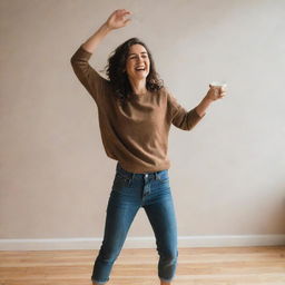 A person joyfully dancing while carefully holding a cup of steaming coffee.