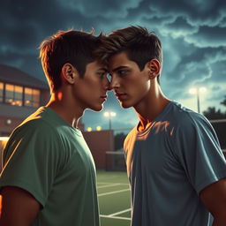 An intense, romantic scene between two boys, Caleb and Will, set on a tennis court where they first started as rivals