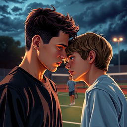 An intense, romantic scene between two boys, Caleb and Will, set on a tennis court where they first started as rivals