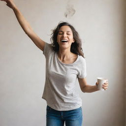 A person joyfully dancing while carefully holding a cup of steaming coffee.