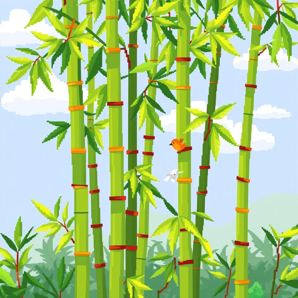 A vibrant pixel art scene featuring bamboo stalks swaying gently in the breeze