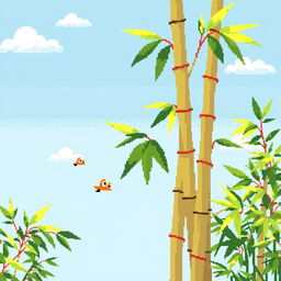 A vibrant pixel art scene featuring bamboo stalks swaying gently in the breeze