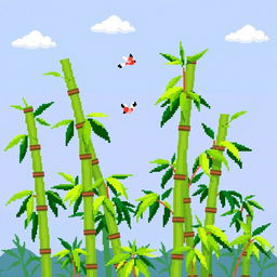 A vibrant pixel art scene featuring bamboo stalks swaying gently in the breeze