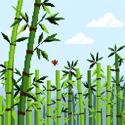 A vibrant pixel art scene featuring bamboo stalks swaying gently in the breeze