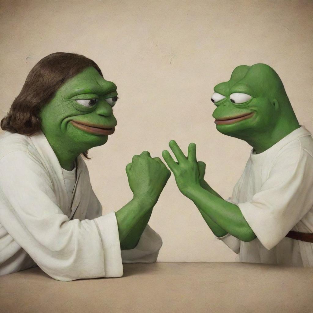 Pepe the Frog and a reverent depiction of Jesus engaging in a friendly game of thumb wrestling