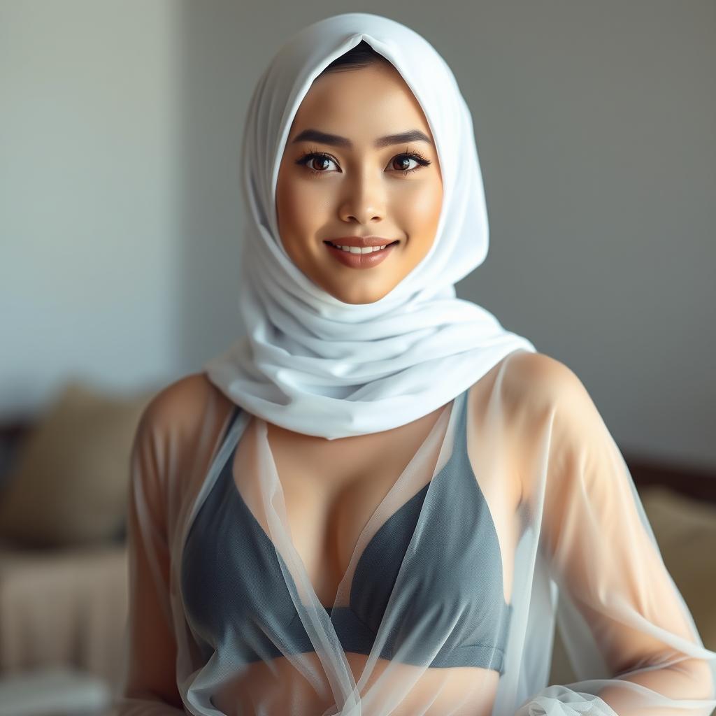 A young lady wearing a white hijab and transparent grey clothing that subtly reveals a black bra underneath