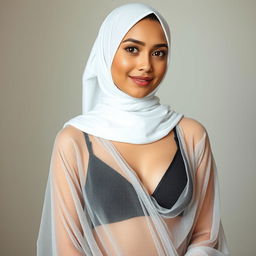 A young lady wearing a white hijab and transparent grey clothing that subtly reveals a black bra underneath