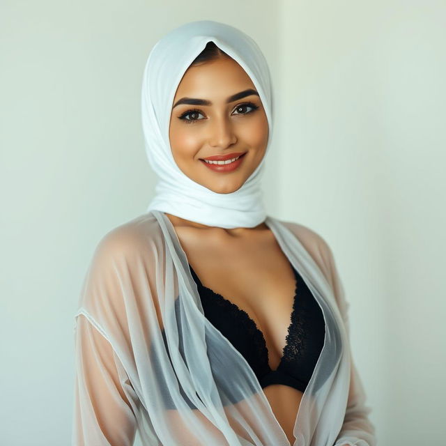 A young lady wearing a white hijab and transparent grey clothing that subtly reveals a black bra underneath