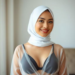 A young lady wearing a white hijab and transparent grey clothing that subtly reveals a black bra underneath