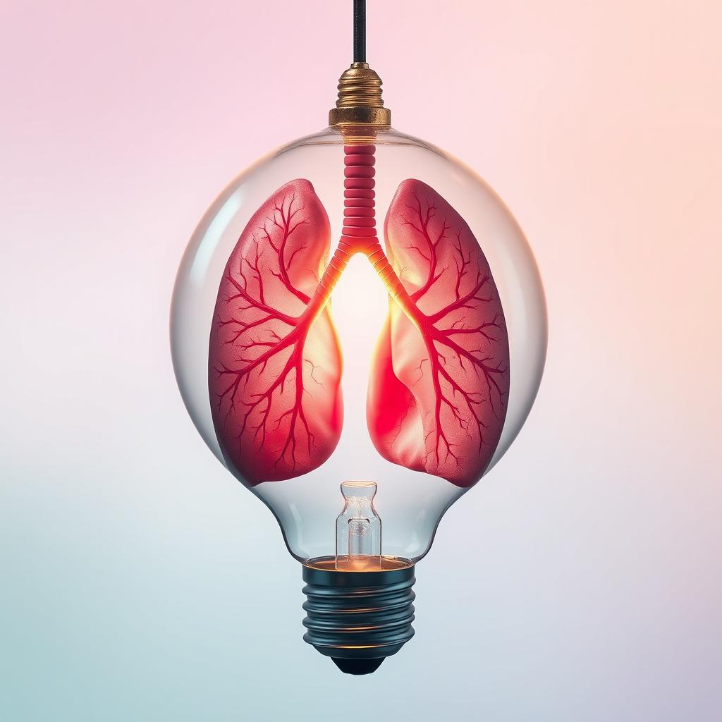 An imaginative and surreal depiction of lungs encapsulated within a transparent light bulb