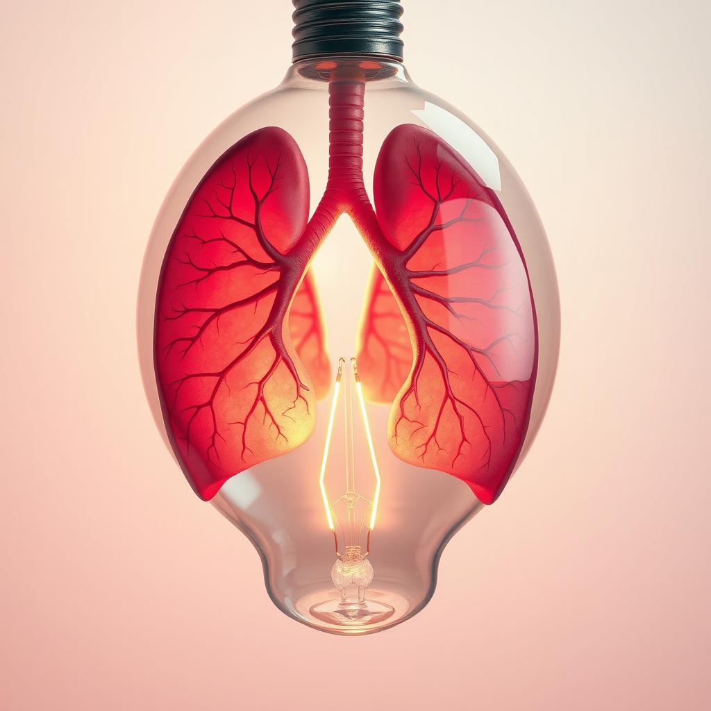 An imaginative and surreal depiction of lungs encapsulated within a transparent light bulb