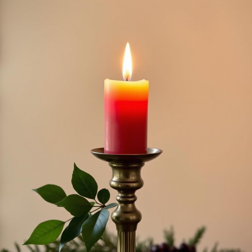 A warm and inviting Christmas candle prominently positioned in an elegant candlestick