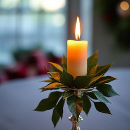 A warm and inviting Christmas candle prominently positioned in an elegant candlestick