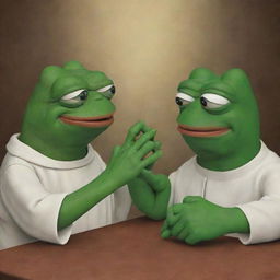 Pepe the Frog and a reverent depiction of Jesus engaging in a friendly game of thumb wrestling