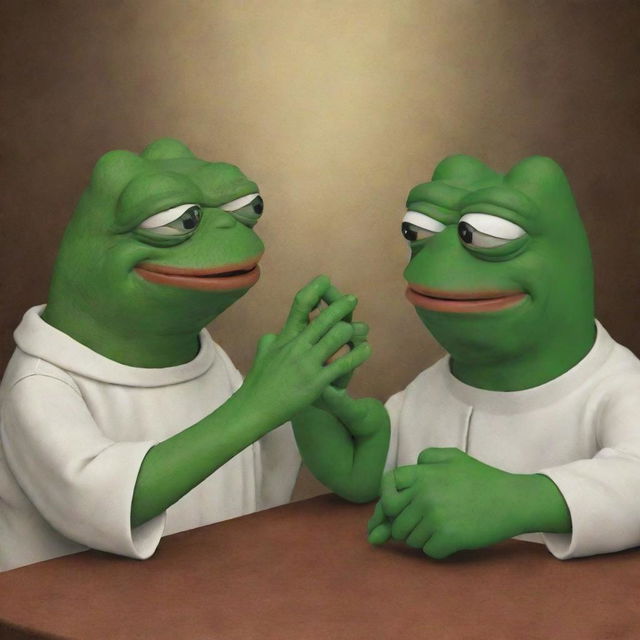 Pepe the Frog and a reverent depiction of Jesus engaging in a friendly game of thumb wrestling