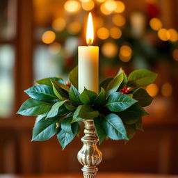 A warm and inviting Christmas candle prominently positioned in an elegant candlestick