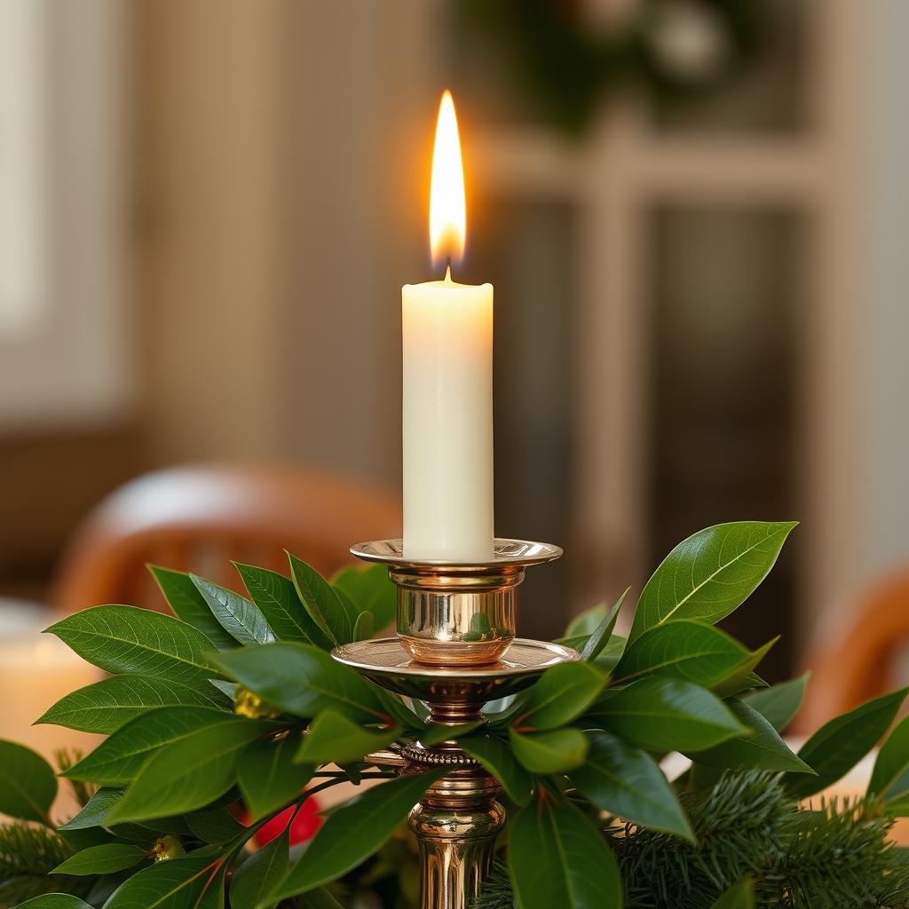 A warm and inviting Christmas candle prominently positioned in an elegant candlestick