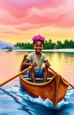 A vibrant watercolor scene depicting an 8-year-old Afro-descendant boy, rowing with determination in his small wooden canoe named "Patrullero P-123"