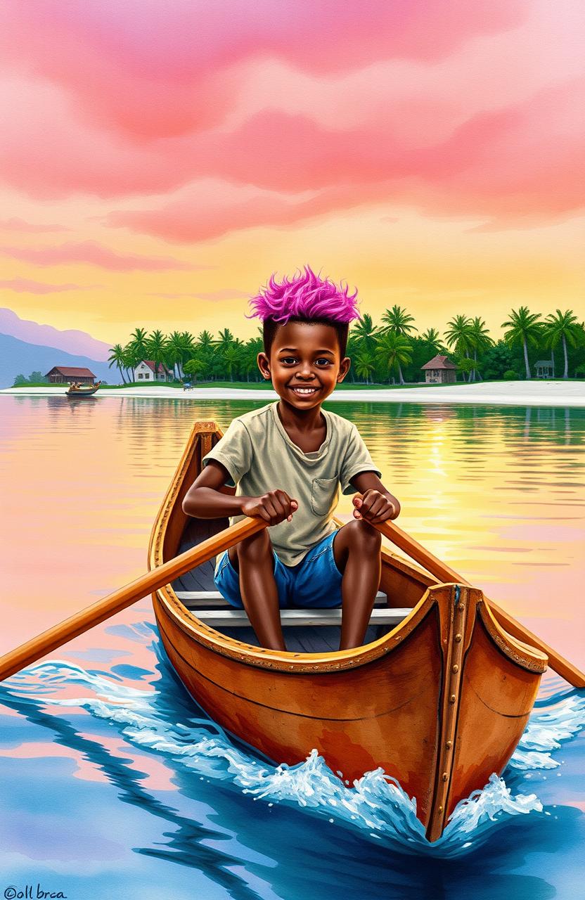A vibrant watercolor scene depicting an 8-year-old Afro-descendant boy, rowing with determination in his small wooden canoe named "Patrullero P-123"