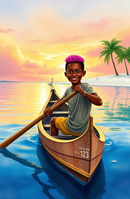 A vibrant watercolor scene depicting an 8-year-old Afro-descendant boy, rowing with determination in his small wooden canoe named "Patrullero P-123"