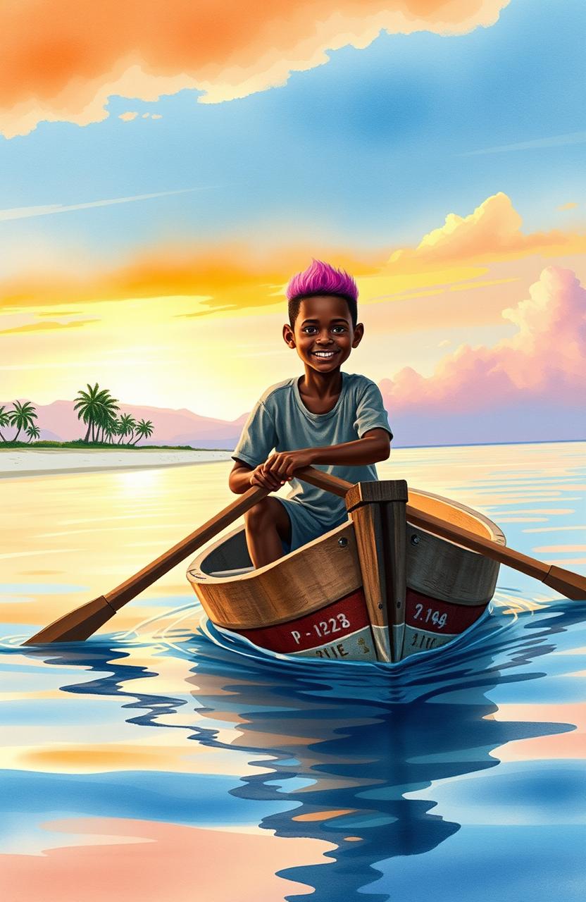 A vibrant watercolor scene depicting an 8-year-old Afro-descendant boy, rowing with determination in his small wooden canoe named "Patrullero P-123"