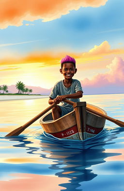 A vibrant watercolor scene depicting an 8-year-old Afro-descendant boy, rowing with determination in his small wooden canoe named "Patrullero P-123"