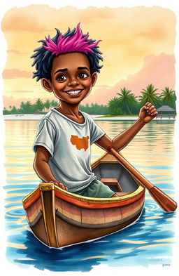 A vibrant watercolor scene depicting an 8-year-old Afro-descendant boy, rowing with determination in his small wooden canoe named "Patrullero P-123"