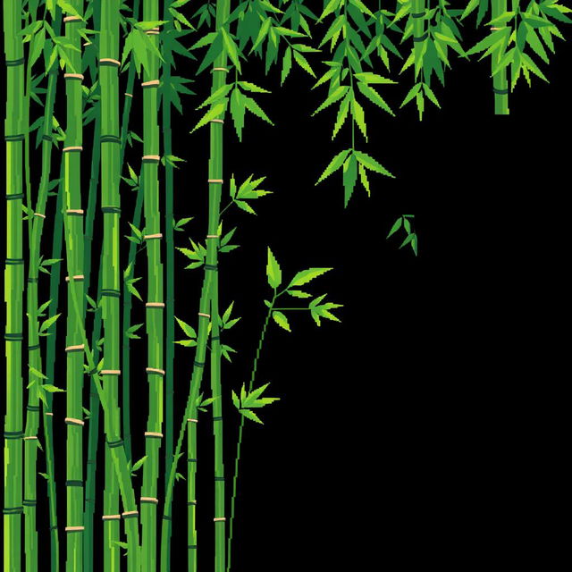 A dynamic pixel art composition featuring an abundance of bamboo stalks against a solid black background