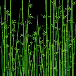 A dynamic pixel art composition featuring an abundance of bamboo stalks against a solid black background