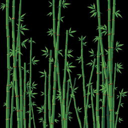 A dynamic pixel art composition featuring an abundance of bamboo stalks against a solid black background