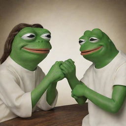 Pepe the Frog and a reverent depiction of Jesus engaging in a friendly game of thumb wrestling