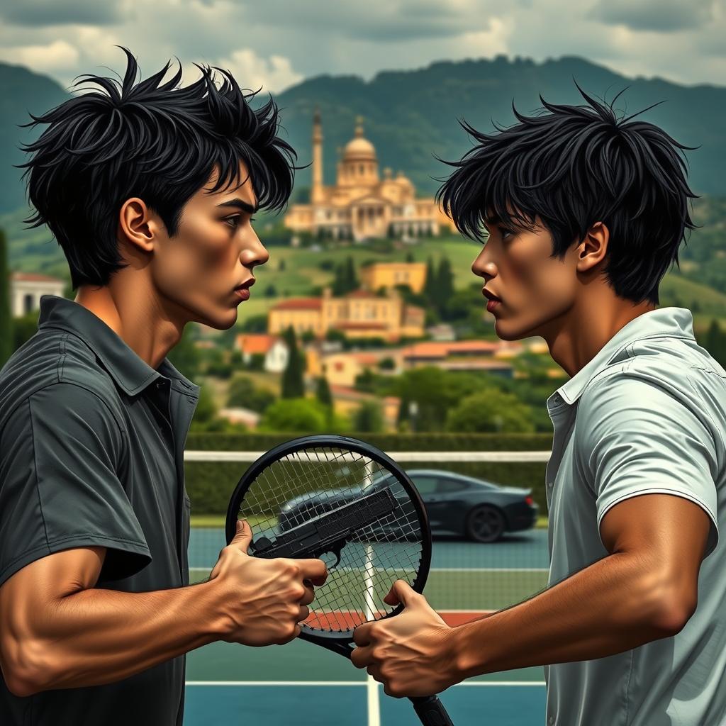 A dramatic and intense scene set in Italy, showcasing two boys with black hair caught in a complex enemies-to-lovers relationship