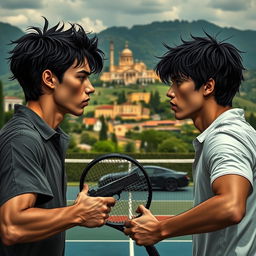 A dramatic and intense scene set in Italy, showcasing two boys with black hair caught in a complex enemies-to-lovers relationship