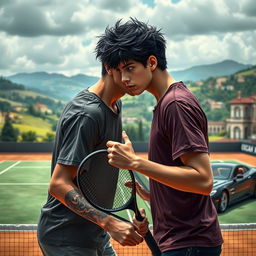 A dramatic and intense scene set in Italy, showcasing two boys with black hair caught in a complex enemies-to-lovers relationship