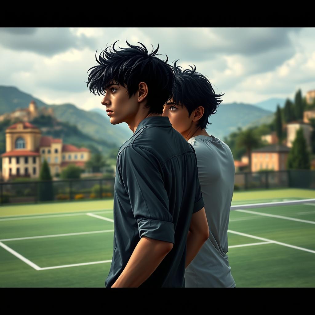 A dramatic and intense scene set in Italy, showcasing two boys with black hair caught in a complex enemies-to-lovers relationship