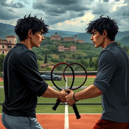 A dramatic and intense scene set in Italy, showcasing two boys with black hair caught in a complex enemies-to-lovers relationship