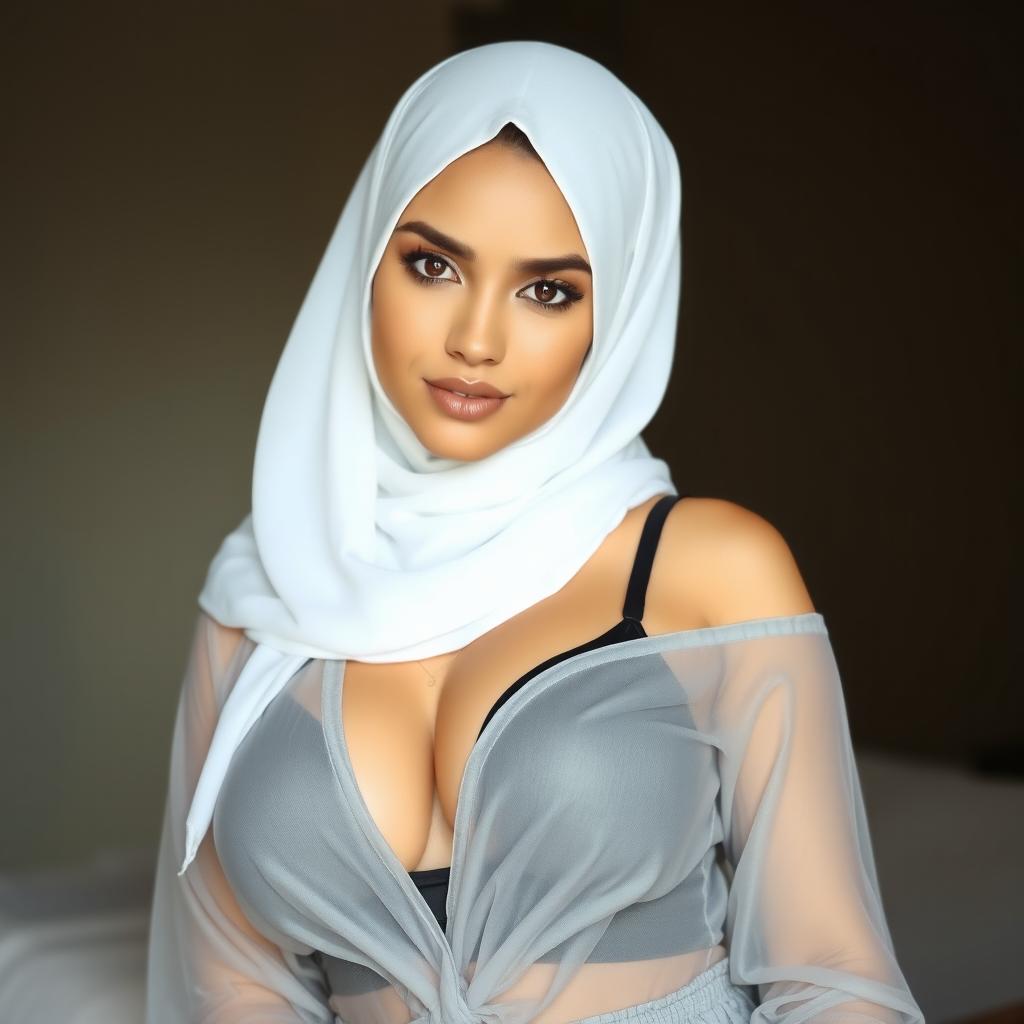 A beautiful young lady wearing a white hijab, styled elegantly