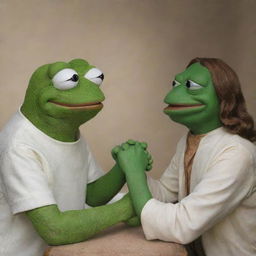 Pepe the Frog and a reverent depiction of Jesus engaging in a friendly game of thumb wrestling