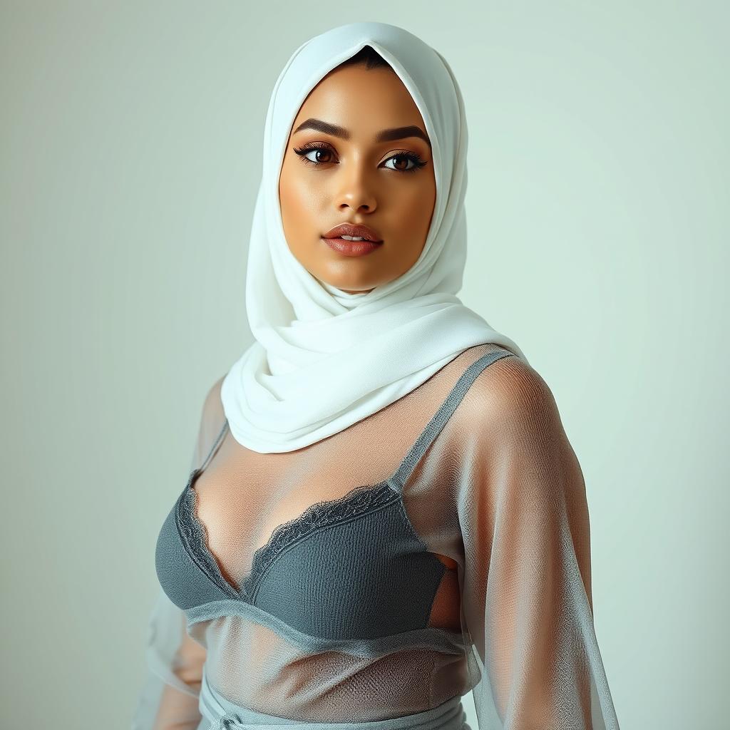 A beautiful young lady wearing a white hijab, styled elegantly