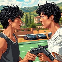 A captivating scene set in Italy showcasing two boys with black hair embroiled in an intense enemies-to-lovers romance