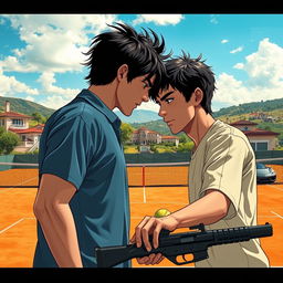 A captivating scene set in Italy showcasing two boys with black hair embroiled in an intense enemies-to-lovers romance