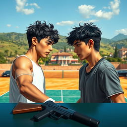 A captivating scene set in Italy showcasing two boys with black hair embroiled in an intense enemies-to-lovers romance