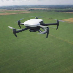 Poster featuring a sleek, eco-friendly drone soaring over green fields, with packages securely attached. The design should emphasize the future of efficient delivery and agriculture.