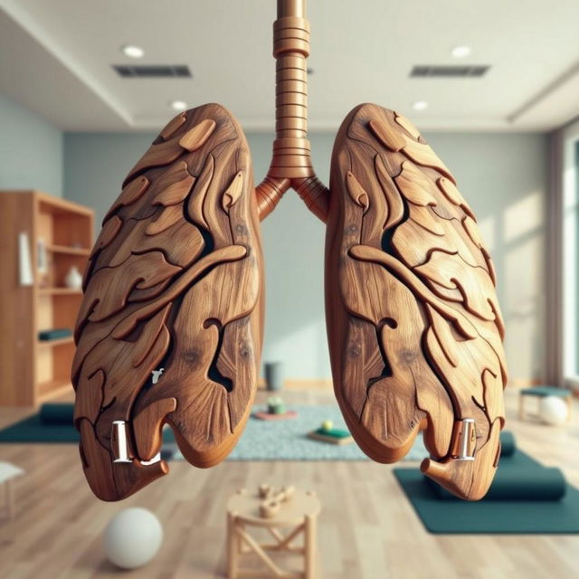 A surreal and artistic representation of wooden lungs, intricately designed to display the inner branches resembling a tree structure, placed prominently in a bright, airy physiotherapy room