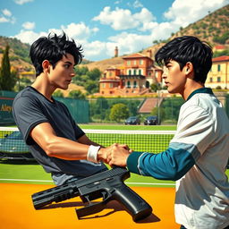 A captivating scene set in Italy showcasing two boys with black hair embroiled in an intense enemies-to-lovers romance