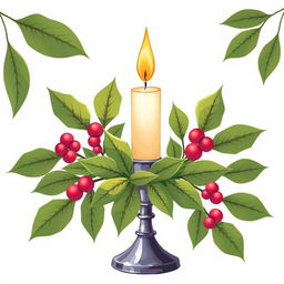 An illustration of a Christmas candle placed elegantly in a stylish candlestick, adorned with lush green leaves