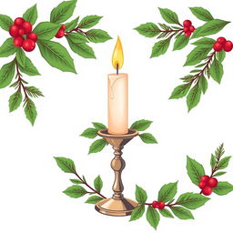 An illustration of a Christmas candle placed elegantly in a stylish candlestick, adorned with lush green leaves